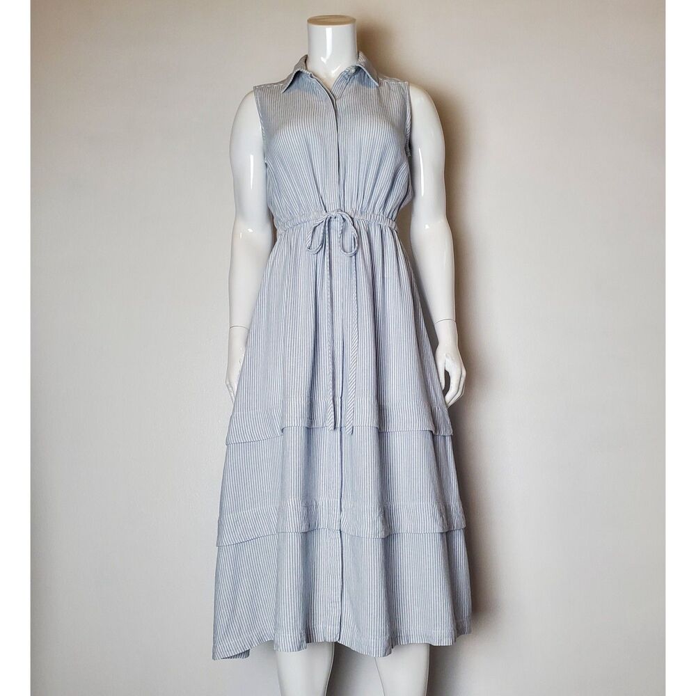 Calvin Klein Blue White Linen Striped Midi Shirtdress